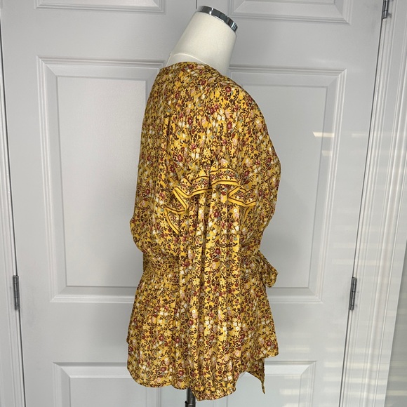 Max Studio Brown Floral Ruffle Wrap Tie Waist Peasant Boho Blouse V-Neck Size M - Picture 8 of 12